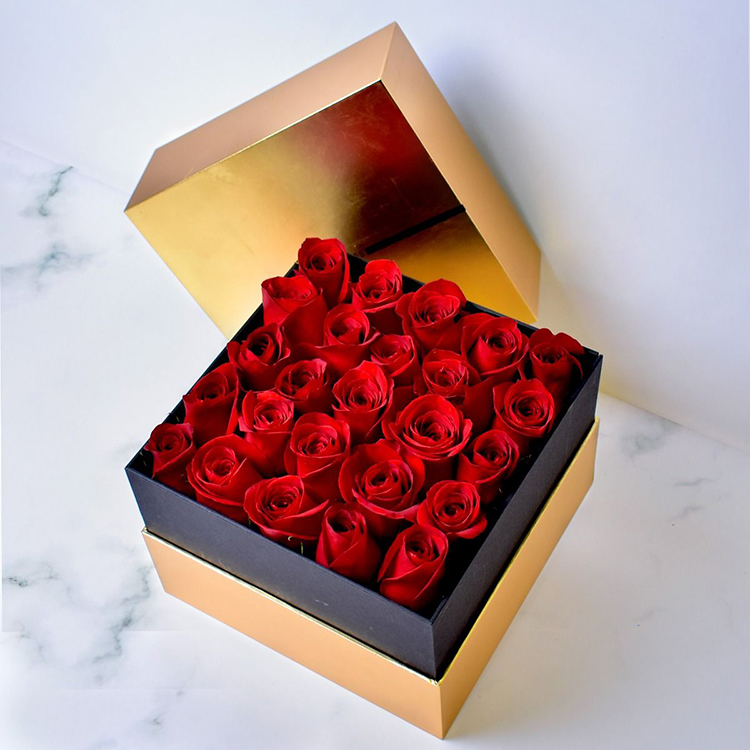 Luxury Fresh Rose Rigid Flower Packaging Square Box Gold Flowers Packages Box